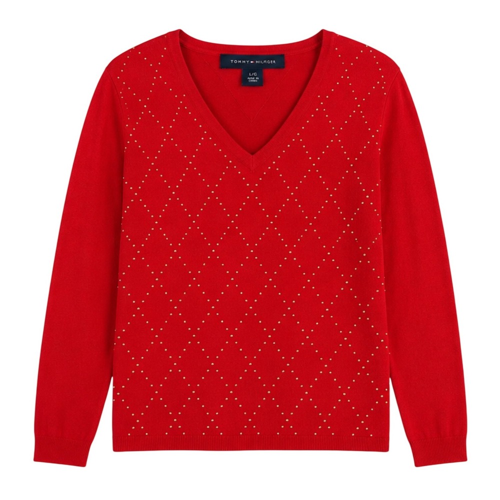 Tommy Hilfiger Womens Red Studded‎ Argyle V-Neck Sweater Pullover Large